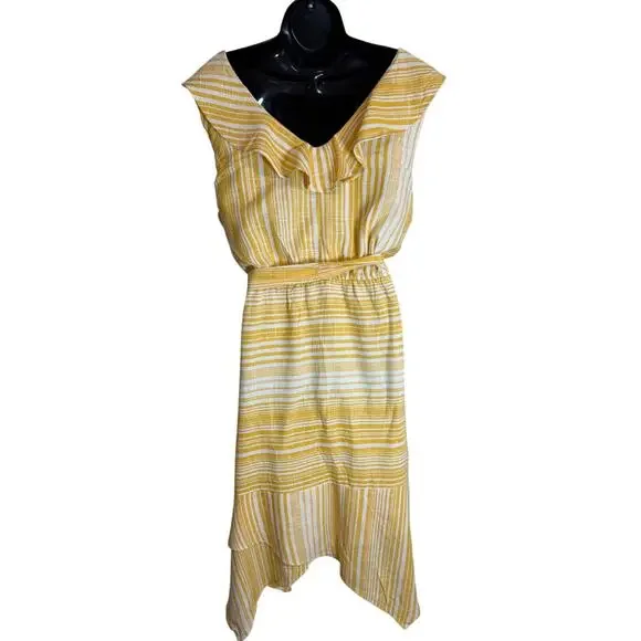 June & Hudson Yellow Stripe Ruffle Dress XL Linen Blend Belted Summer Beach EUC - Picture 5 of 9